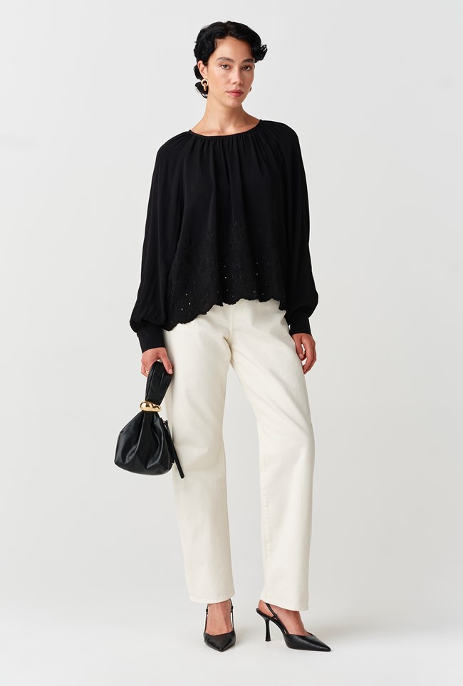 Lume Crepe Embroidered Long Sleeve Top
