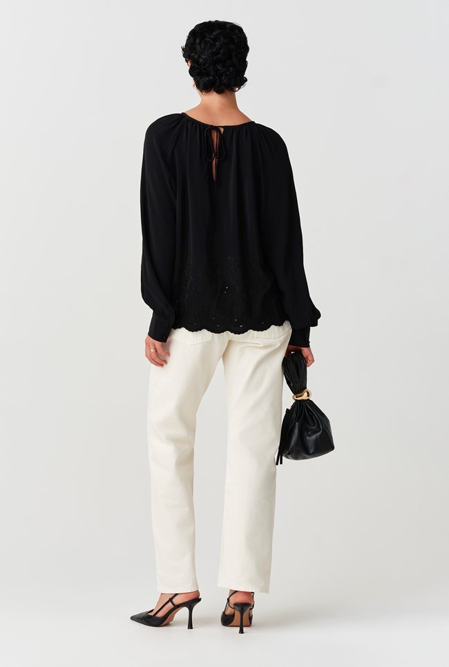 Lume Crepe Embroidered Long Sleeve Top