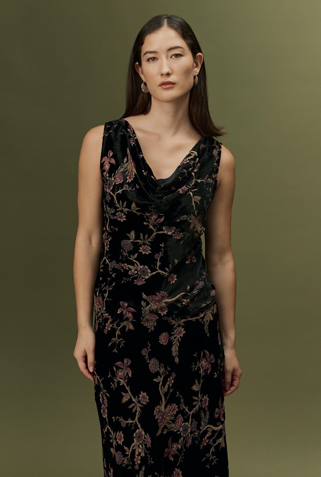 Celia Floral Devoré Velvet Cowl Neck Top