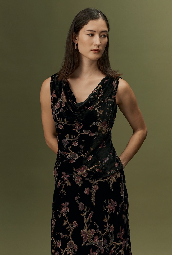 Celia Floral Devoré Velvet Cowl Neck Top