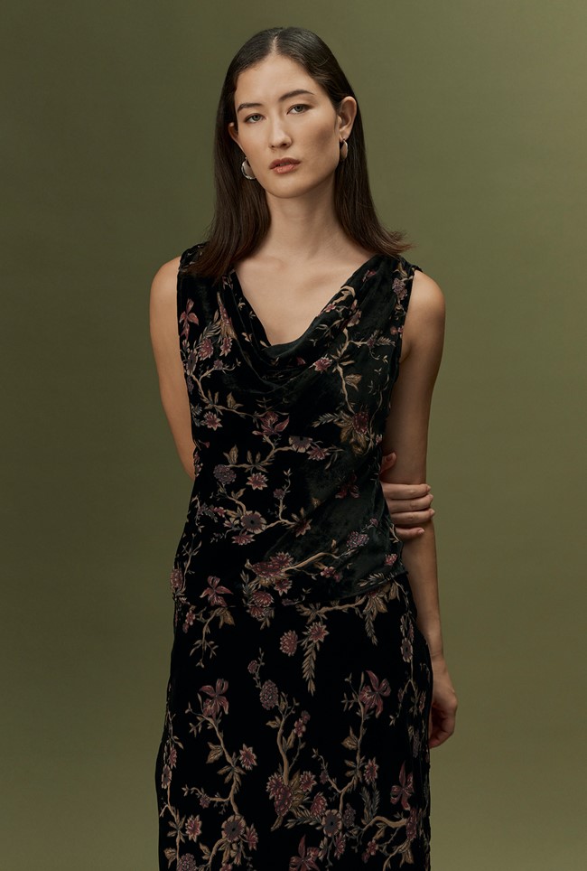 Celia Floral Devoré Velvet Cowl Neck Top