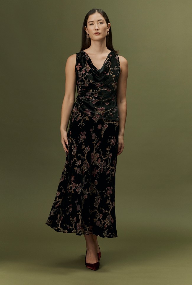 Celia Floral Devoré Velvet Cowl Neck Top