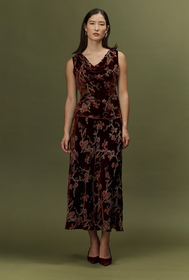 Celia Floral Devoré Velvet Cowl Neck Top