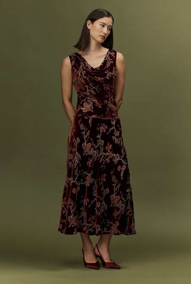 Celia Floral Devoré Velvet Cowl Neck Top