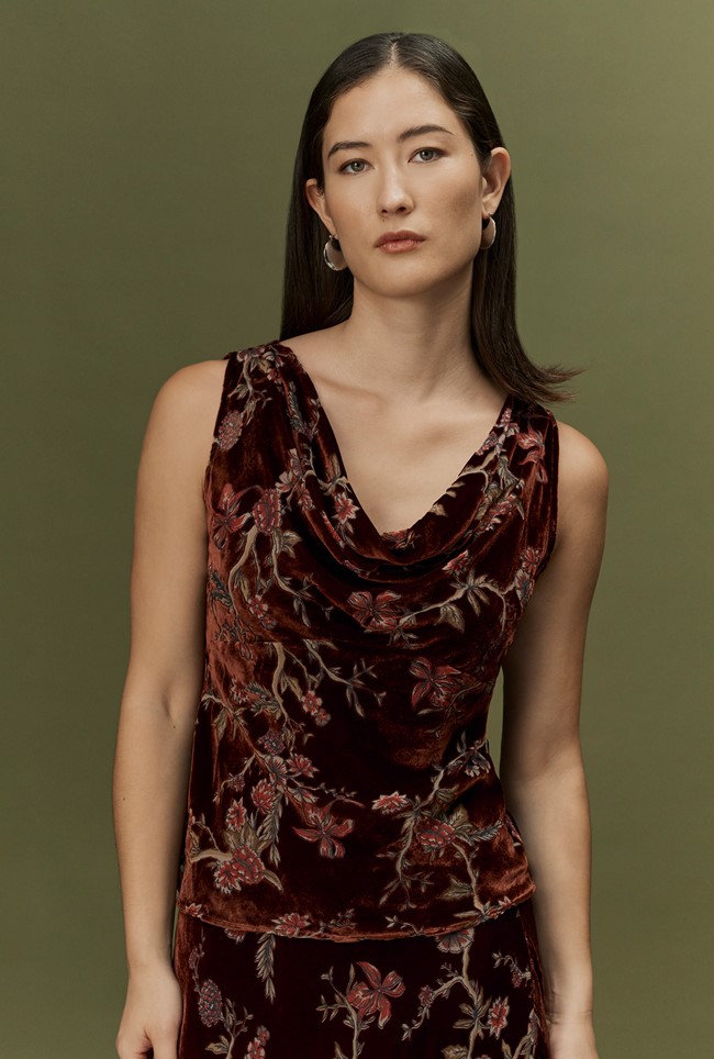 Celia Floral Devoré Velvet Cowl Neck Top