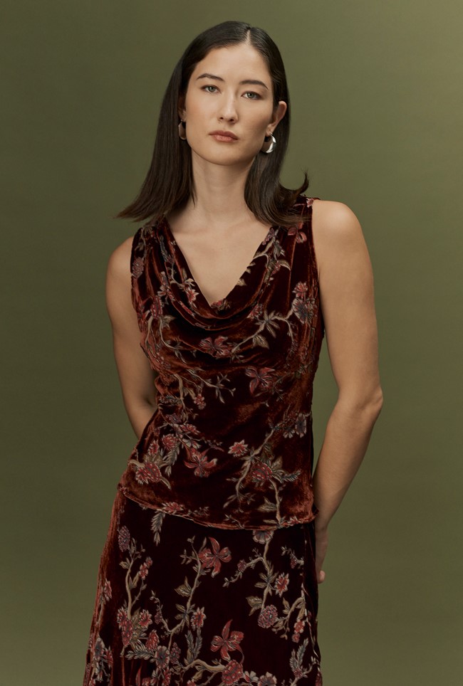 Celia Floral Devoré Velvet Cowl Neck Top