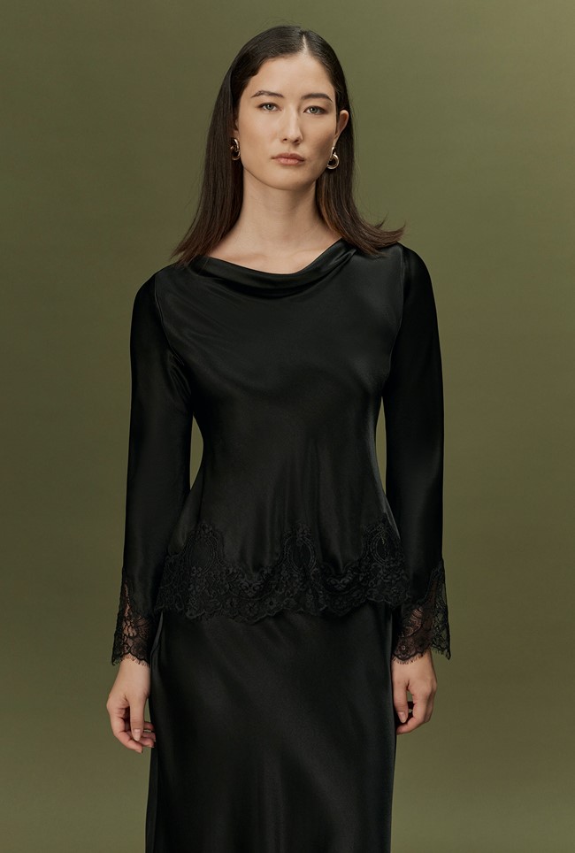 Erianne Long Sleeve Lace Trim Satin Top