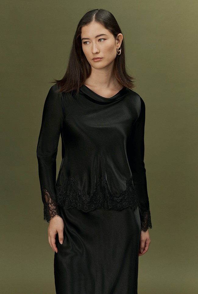 Erianne Long Sleeve Lace Trim Satin Top