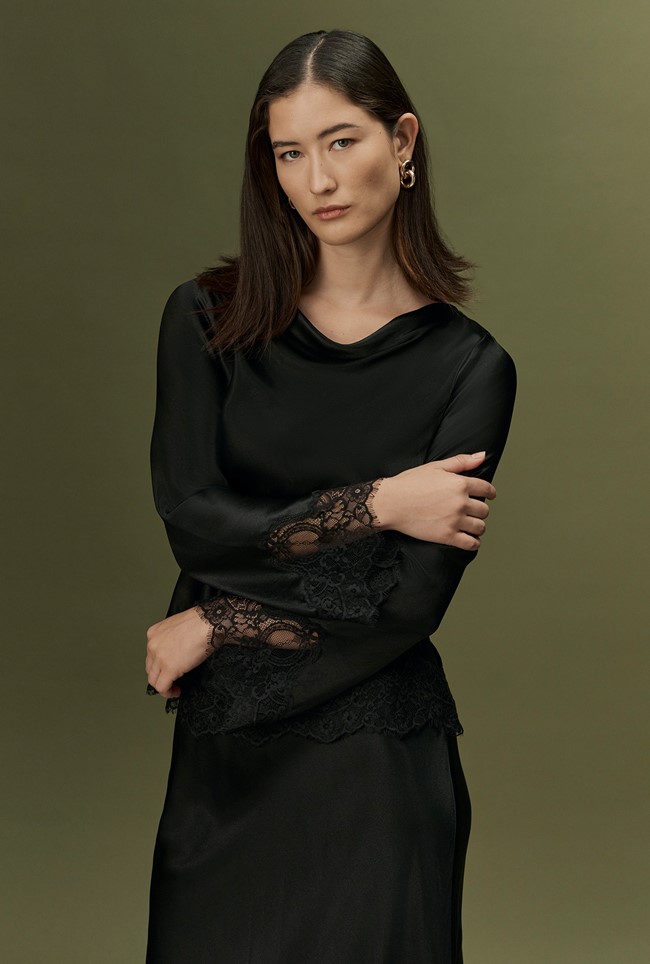 Erianne Long Sleeve Lace Trim Satin Top