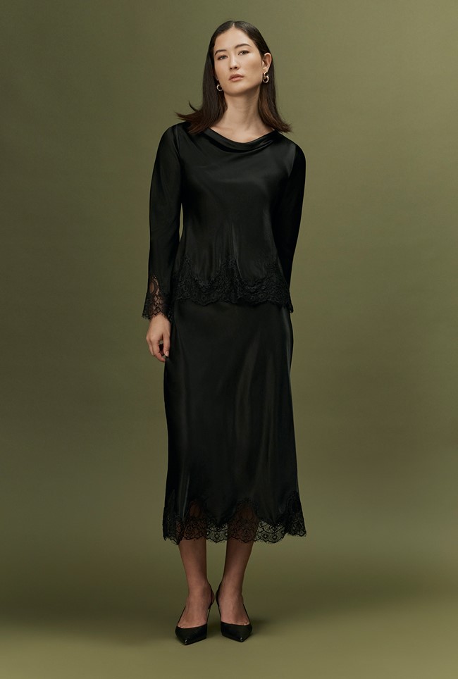 Erianne Long Sleeve Lace Trim Satin Top