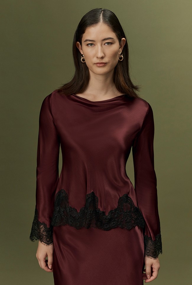 Erianne Long Sleeve Lace Trim Satin Top