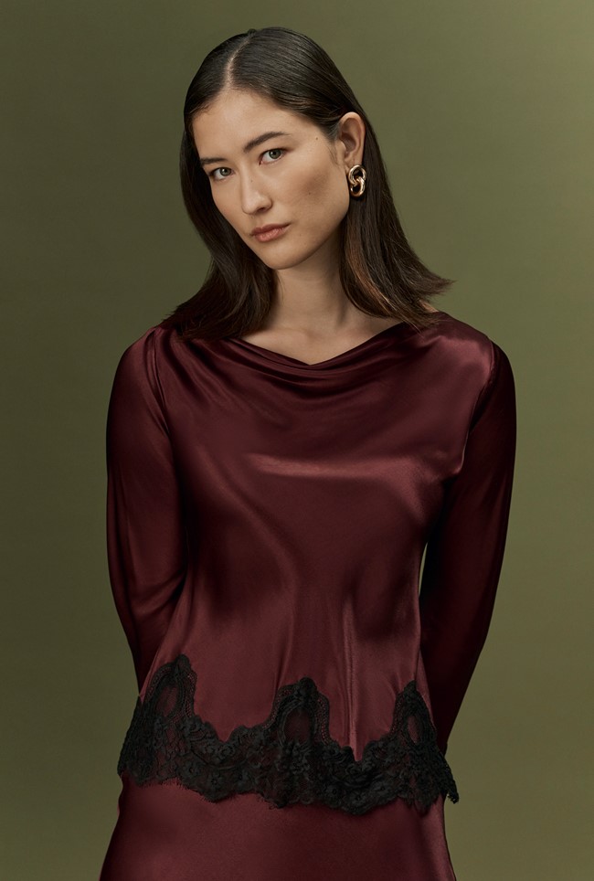 Erianne Long Sleeve Lace Trim Satin Top