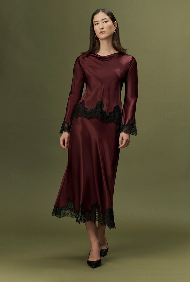 Erianne Long Sleeve Lace Trim Satin Top