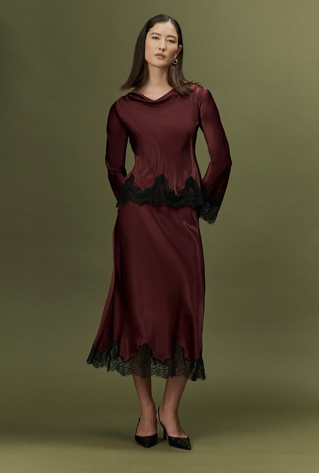 Erianne Long Sleeve Lace Trim Satin Top