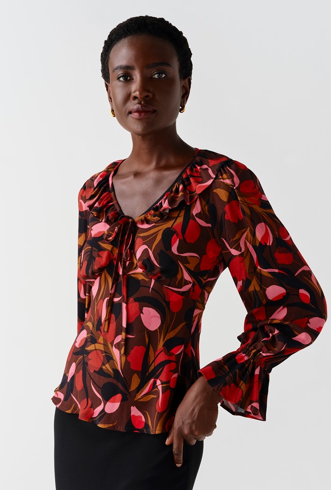 Esme Tulips Printed Crepe Long Sleeve Top