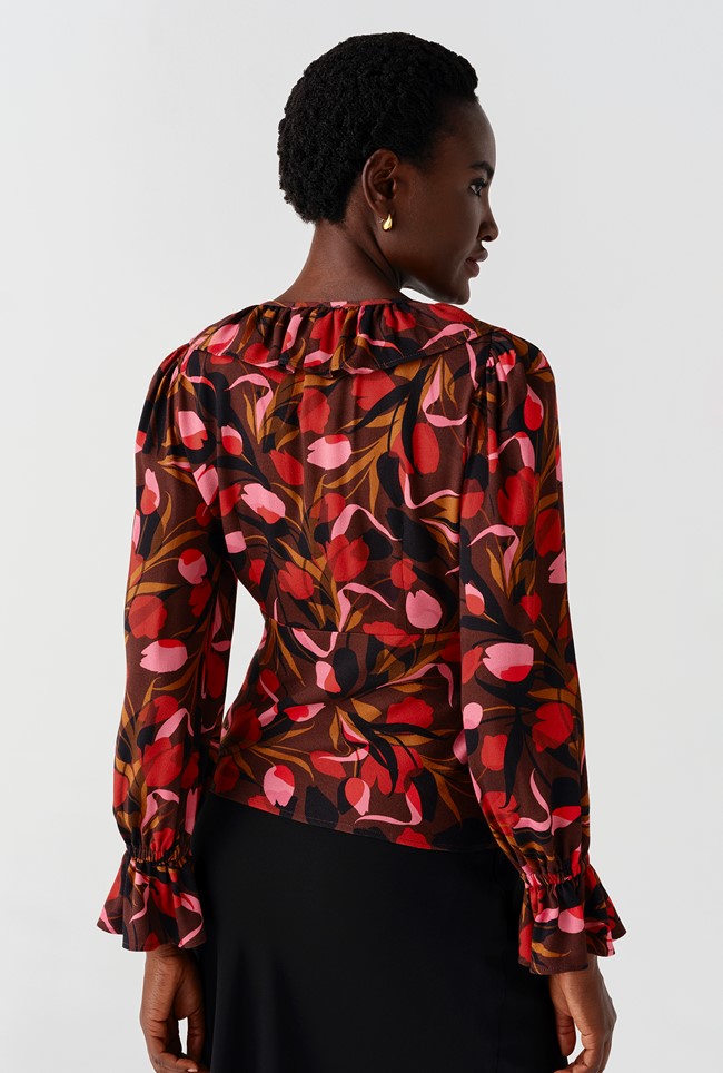Esme Tulips Printed Crepe Long Sleeve Top