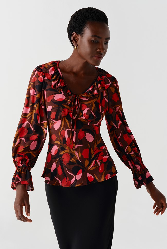 Esme Tulips Printed Crepe Long Sleeve Top