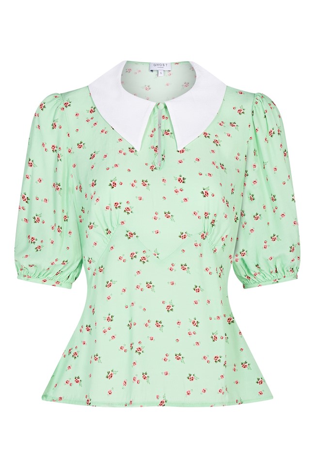 Crepe Top with Short Sleeves in Green Print | Ghost London